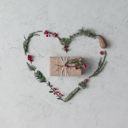 Heart shape made of winter foliage with brown present