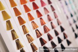 Closeup of hair samples with different color shades on card 0V8zN4