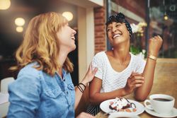 Two female friends sitting at a cafe table with their heads back laughing
