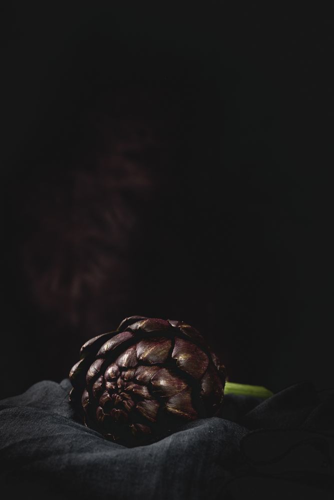 Fresh raw purple artichokes on dark background.