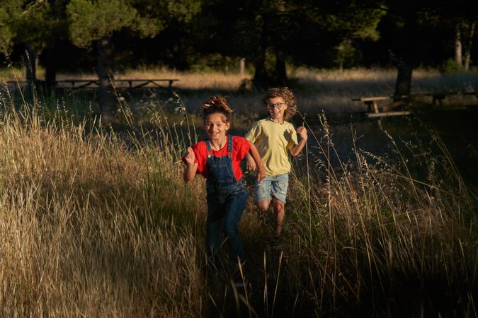 Cheerful siblings running in nature