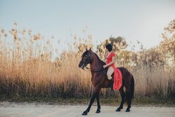 Cheerful woman riding horse in countryside