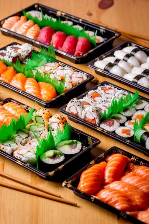 Tasty sushi served in a table