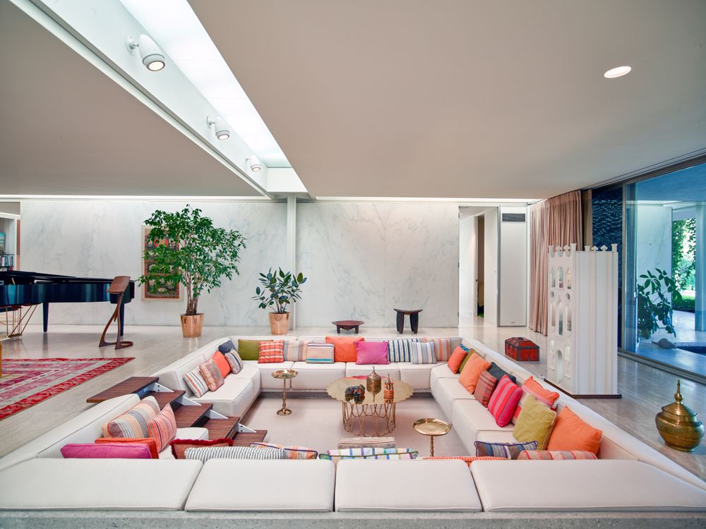 The recessed "conversation pit," at the Miller House, Columbus, Indiana