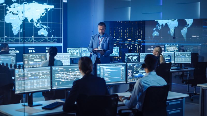 Executive Leads Team in Cutting-edge Data Center. Analysts Monitor Global Information on Multiple Screens.