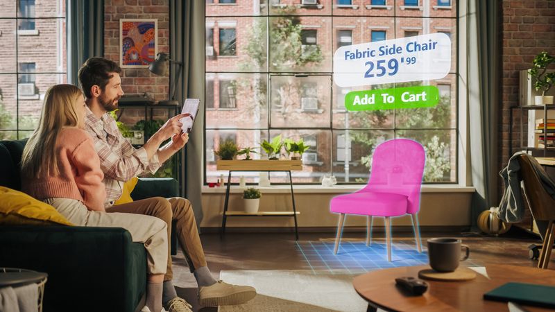 Decorating Apartment: Couple Holding Digital Tablet Computer, using Augmented Reality Interior Design Software Chooses 3D Furniture for Home.