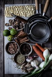 Cooking pans and ingredients for Pho soup