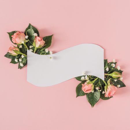 Paper card note with pastel pink rose flowers background