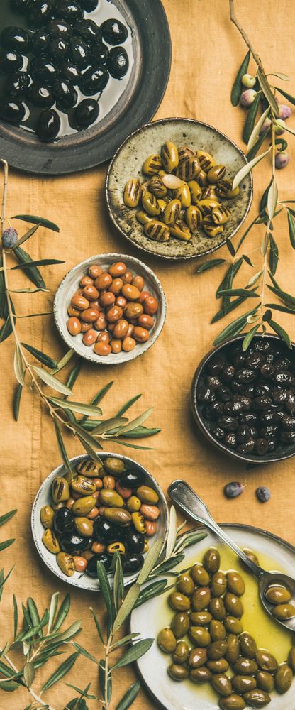 Mediterranean meze appetizer on light brown background, vertical composition