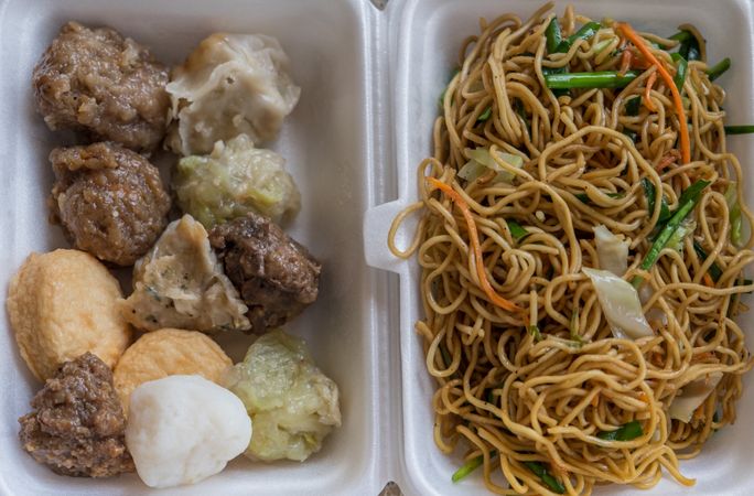 Asian dumplings and stir fried noodles in take out box