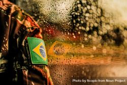 Brazil flag patch on soldier's uniform in close-up 0LX3P0