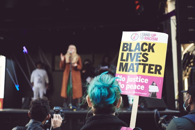 London, England, United Kingdom - March 19 2022: Black Lives Matter sign in the crowd of a protest