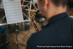 Rear view of young male concentrating on playing saxophone 5qOqqb
