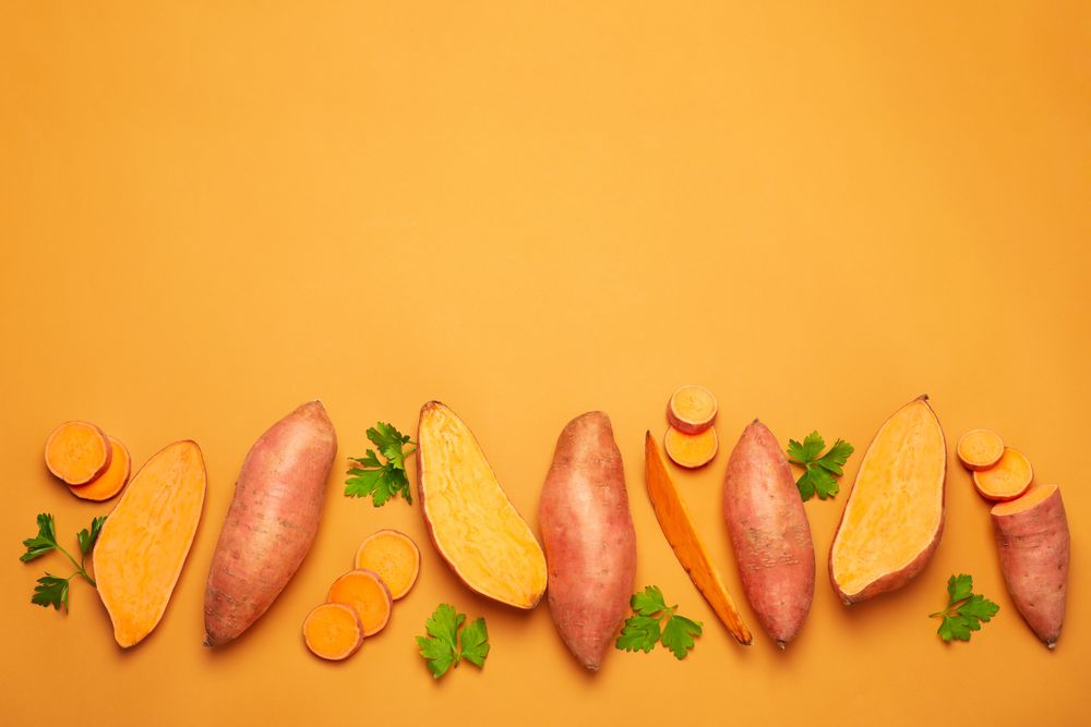 Concept of vegetables, sweet potato, space for text