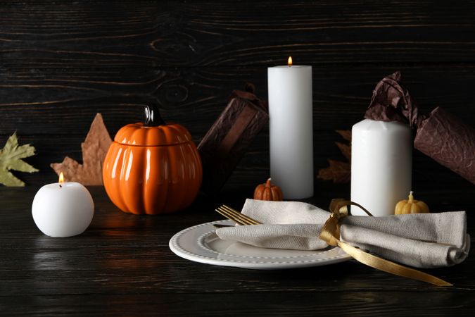 Concept of Thanksgiving day, Autumn table setting on wooden background