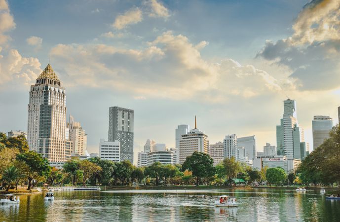 Bangkok skyline across body of water