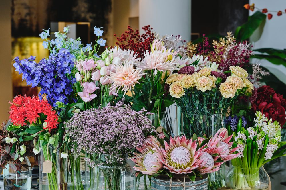 Bouquets of various flowers in floral shop