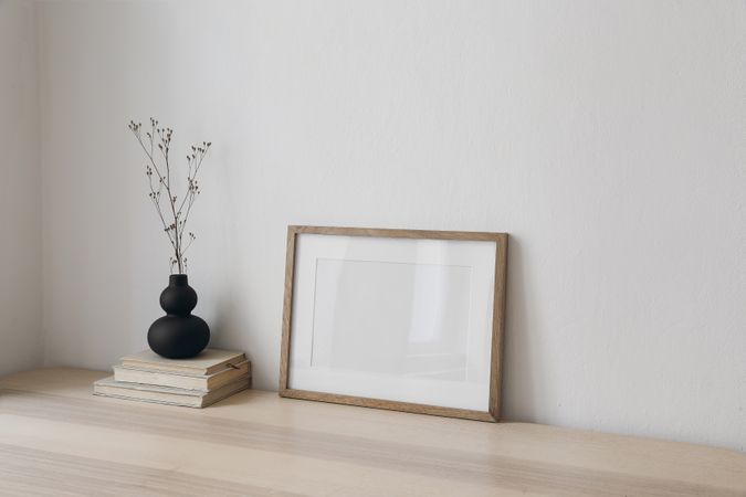 Blank horizontal wooden picture frame mockup.