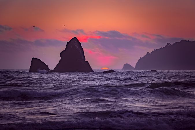 Beautiful rocky beach in Northern California at sunset