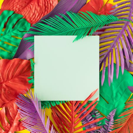 Painted tropical and palm leaves in vibrant bold colors with center square