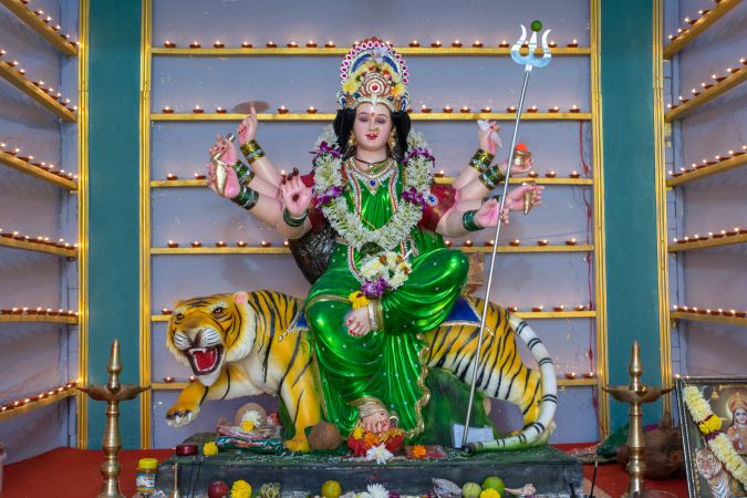 A beautiful idol of Maa Durga being worshipped at a pandal during Navratri in Mumbai, India