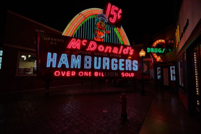 An original McDonald's fast-food franchise "golden arches" neon sign, Cincinnati, Ohio