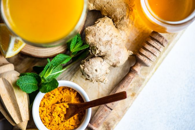 Ingredients for detox tea with honey and tumeric