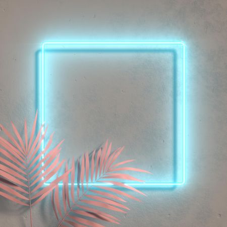 Fluorescent blue square frame with tropical leaves