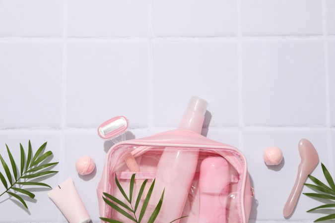 Bath accessories, toilet bag, space for text