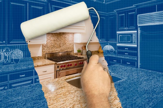 Before and After of Man Painting Roller to Reveal Custom Kitchen Photograph Under Blueprint Sketch Drawing Plans.