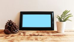 Rectangular long picture frame with blue interior mockup with pinecones and plant