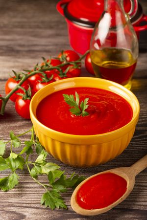 Delicious homemade tomato soup in bowl.