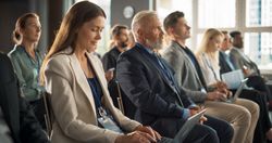 Crowd of Smart Tech People in Bright Conference Hall Watching an Innovative Inspiring Keynote Presentation Of New Gadget.