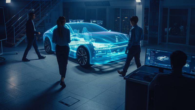 Automobile Engineers Designing Electric Car, Using CAD Software with 3D Holographic Projection Model of a Car Concept.