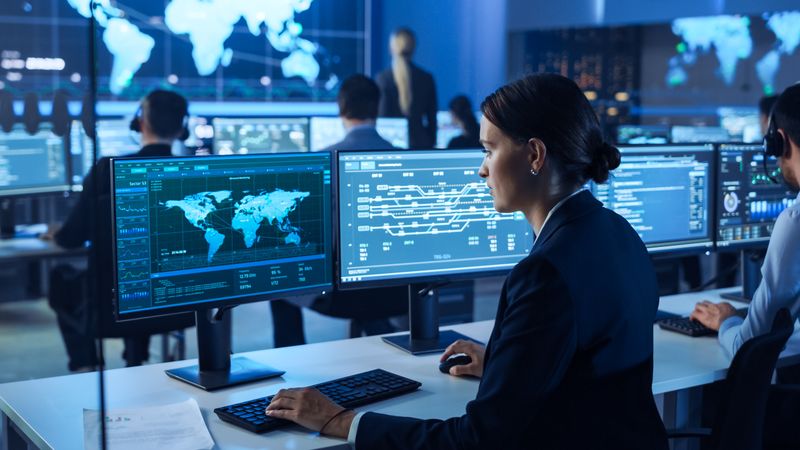 Cybersecurity Expert Monitors Global Network Activity in High-tech Operations Center.