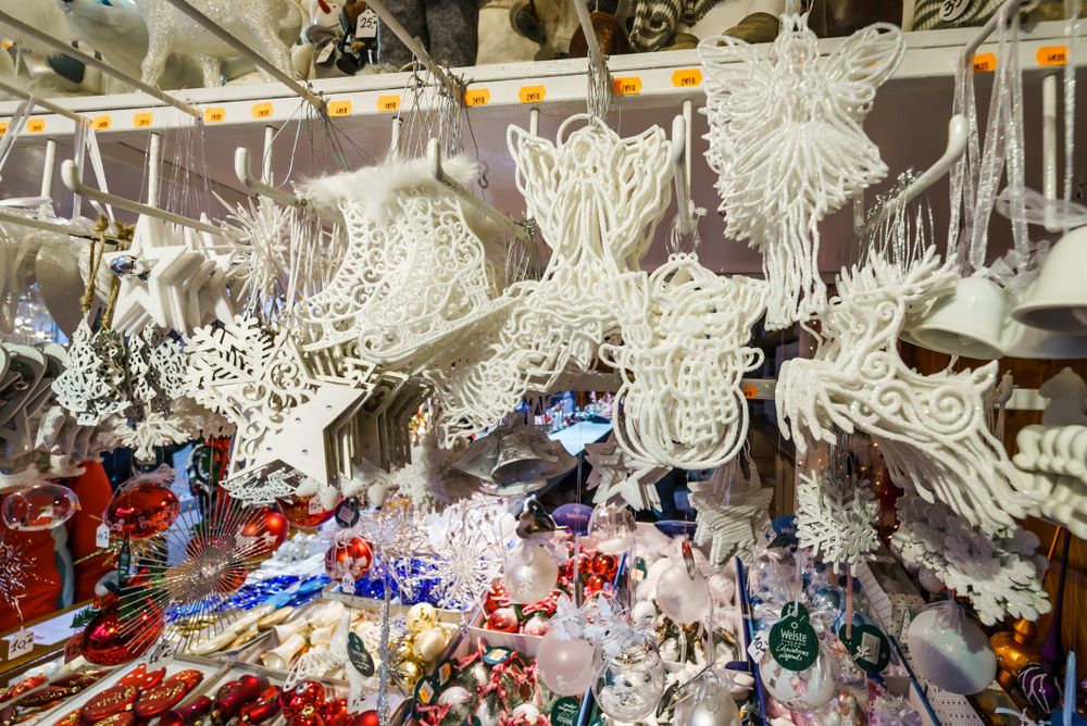 Traditional Christmas market with snowy tree decorations