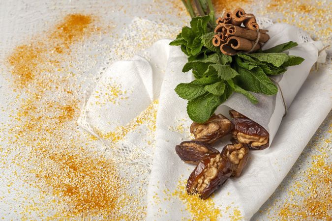 Dates fruits with walnuts, mint and cinnamon for Ramadan