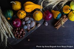 Top view of autumnal foods on wooden table bx2Gv5