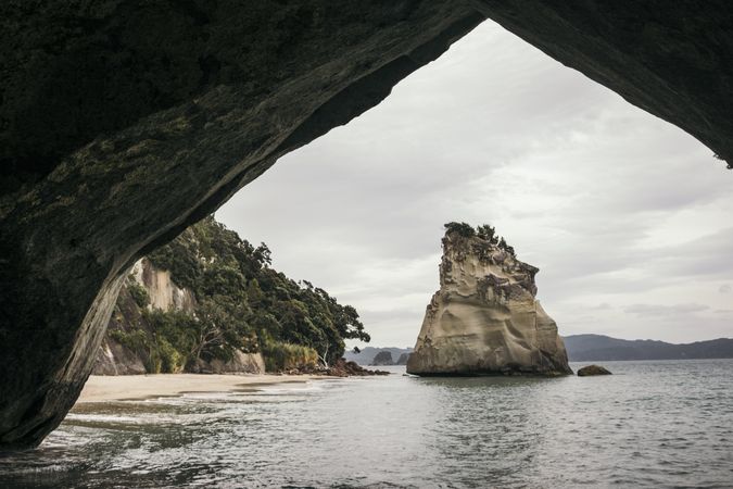 Sandy beach with big rocks