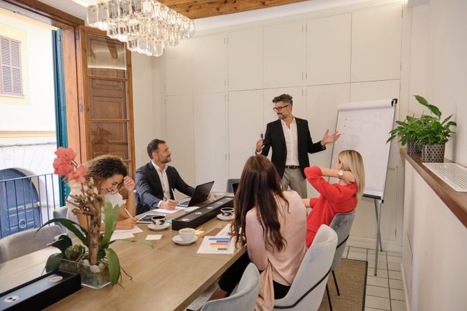 Group of business colleagues discussing project in office