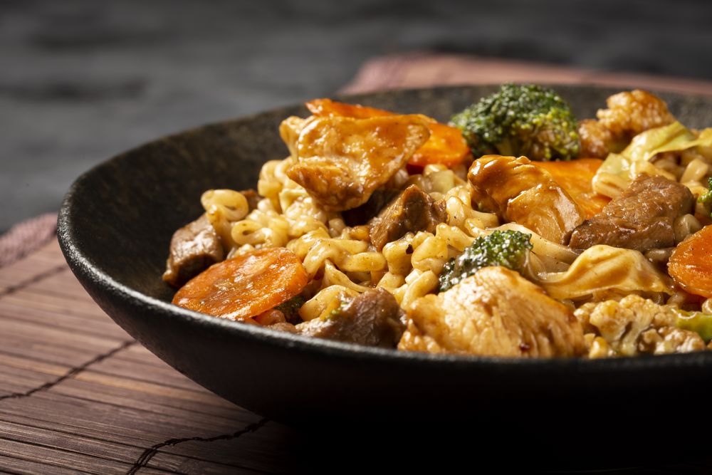 Yakisoba noodles. Yakisoba dish with meat, chicken and vegetables.