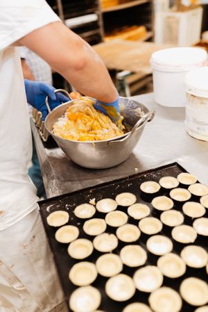 Unrecognizable bakery employee mixing dough