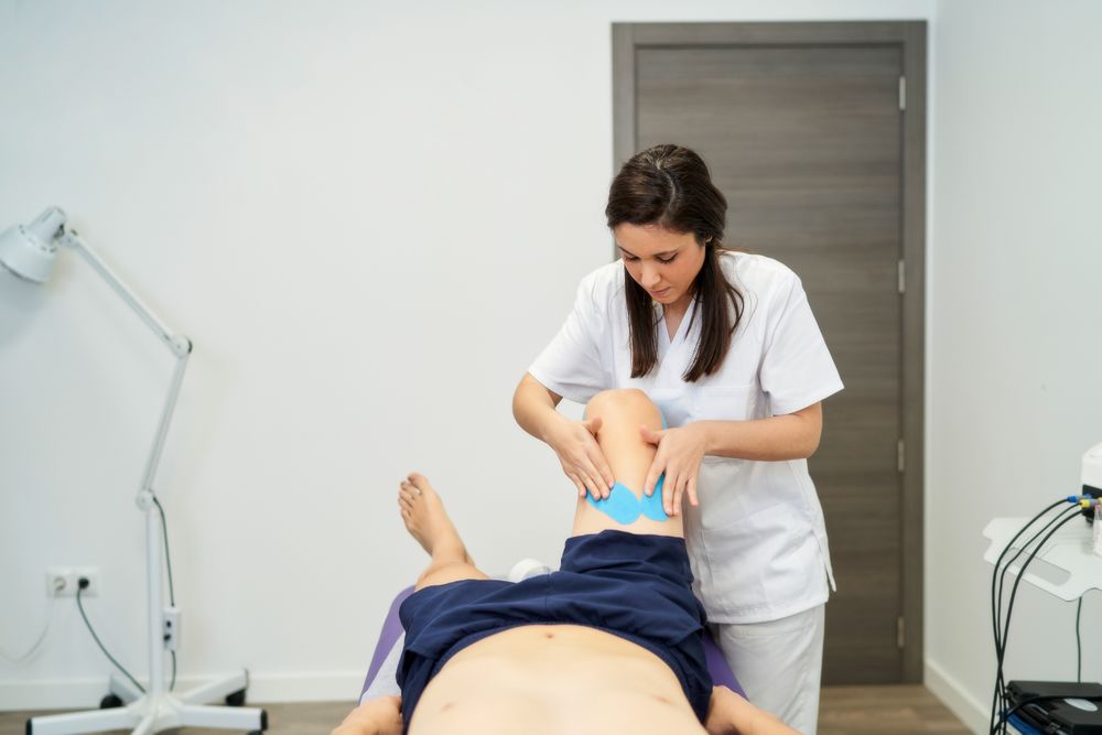 physiotherapist treating the patient's knee with neuromuscular tissue