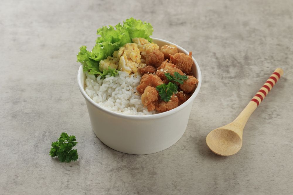 Rice Bowl with Chicken Popcorn and Scrambled Eggs