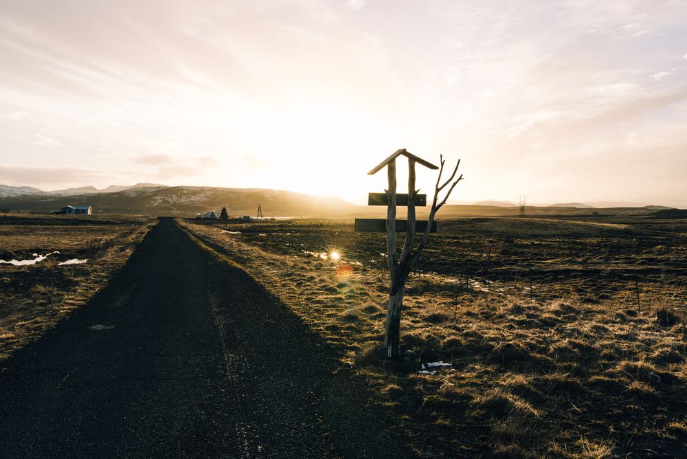 An isolated road leading to houses in remote Iceland