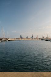 Slender rows of yachts with masts up at sunset in water