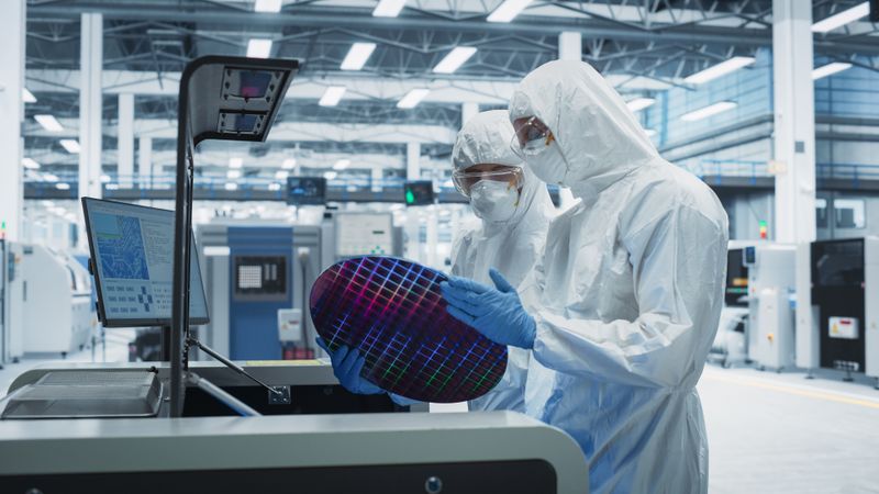 Scientists in hazmat protective suit working in lab