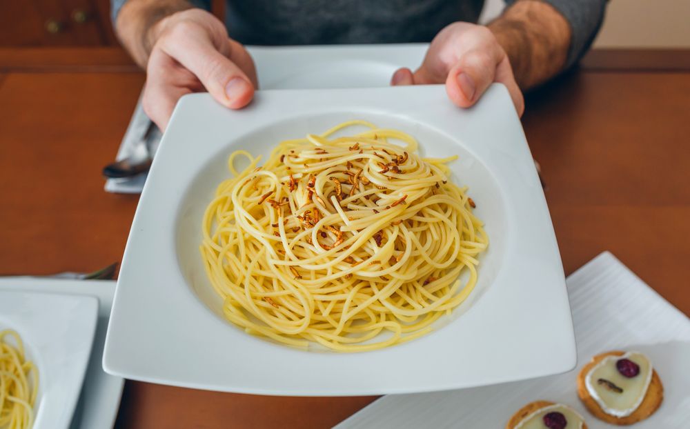 Hands of man showing spaghetti with worms dish