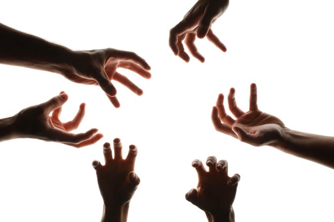 Different zombie hands isolated on plain background