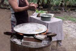 An adult Hispanic woman is shaping corn tortillas by hand